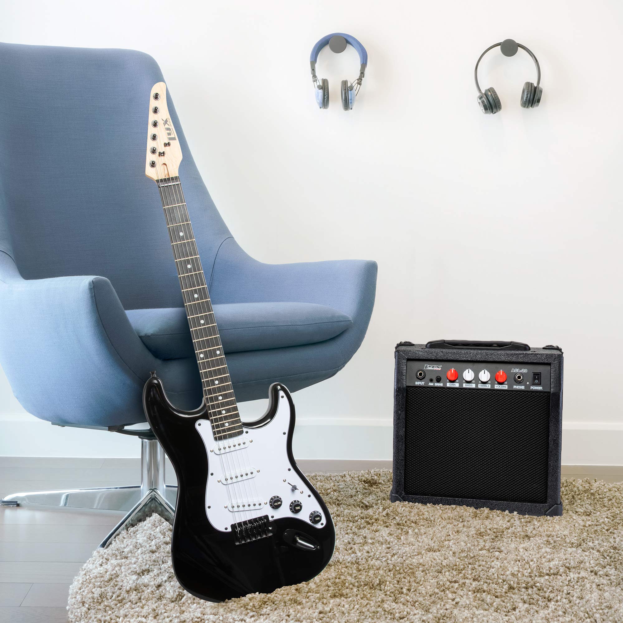 LyxPro Electric Guitar Amp 20 Watt Amplifier Built in Speaker Headphone Jack and Aux Input Includes Gain Bass Treble Volume and